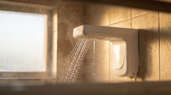 Electric Shower Head with Running Water in Bathroom Close Up